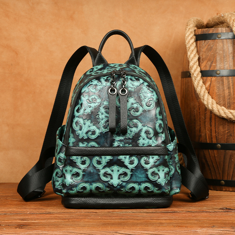 Leather Backpack Vintage - Johnature couro genuíno em relevo retro